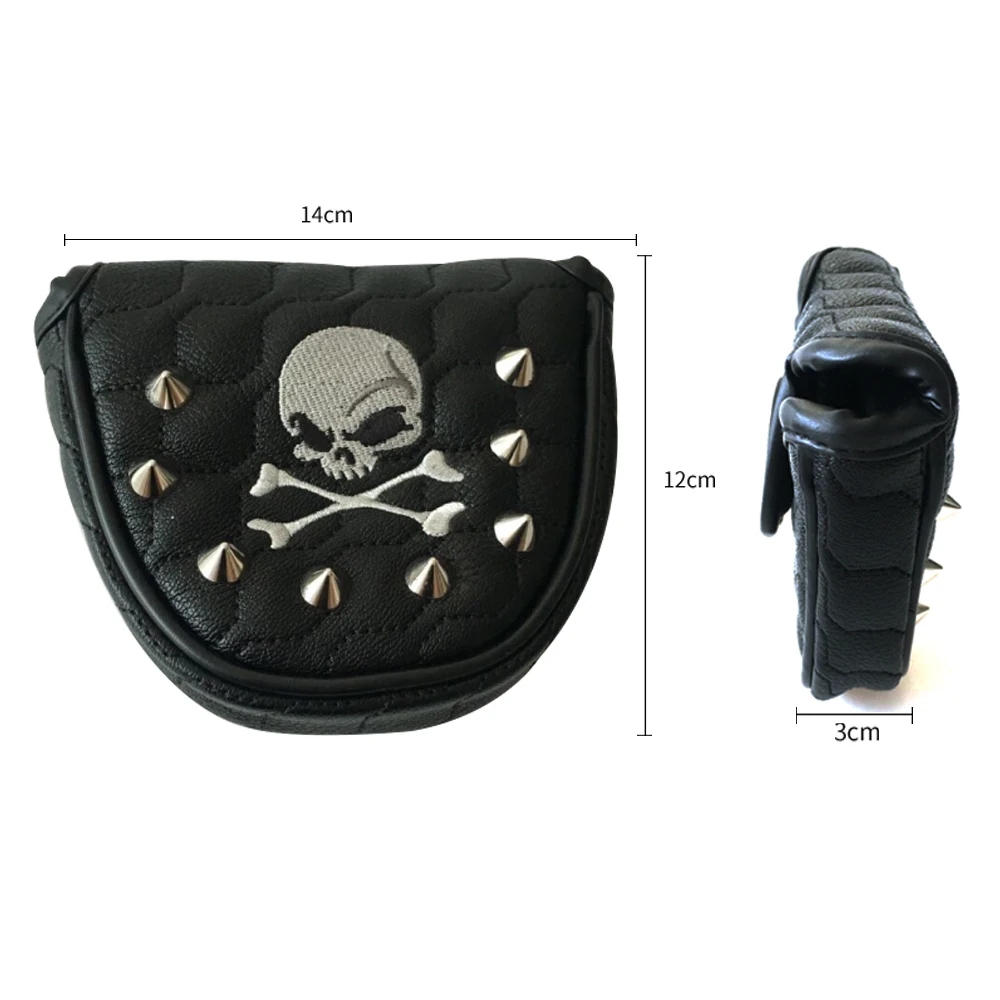 1Pcs Golf Pusher Sleeve PU Leather Golf Putter Cover Universal Magnetic Closure, Rivet, Skull Embroidery