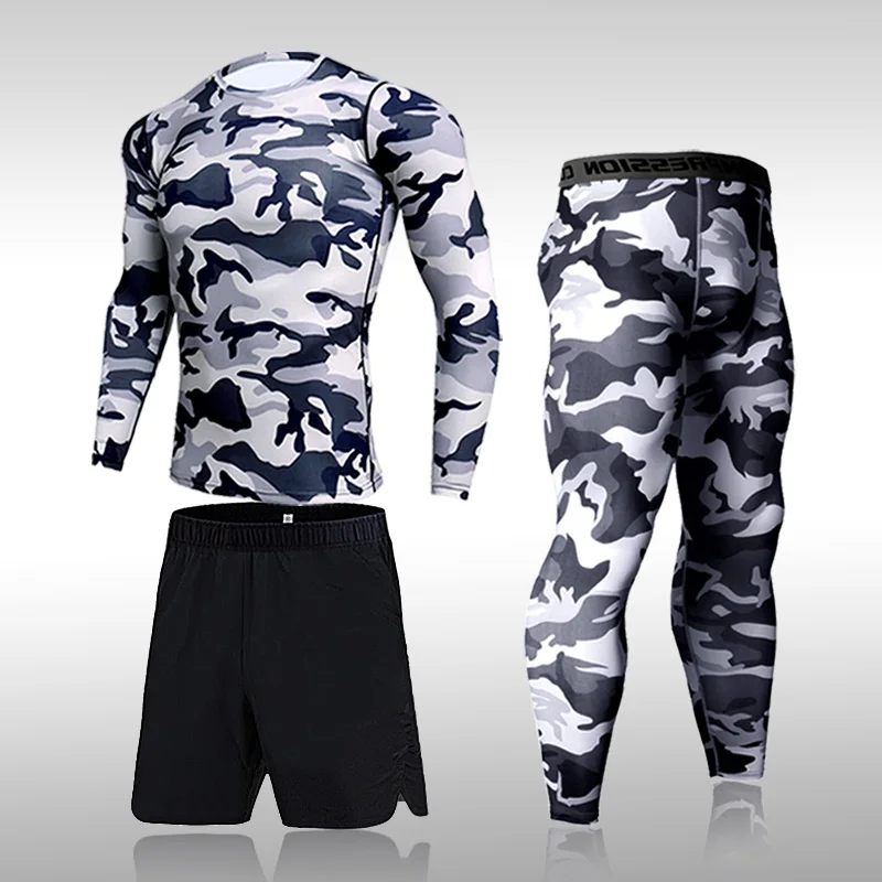 Set da corsa per uomo mimetico ad asciugatura rapida tute sportive a compressione collant Skinny abbigliamento palestra Rashguard Fitness