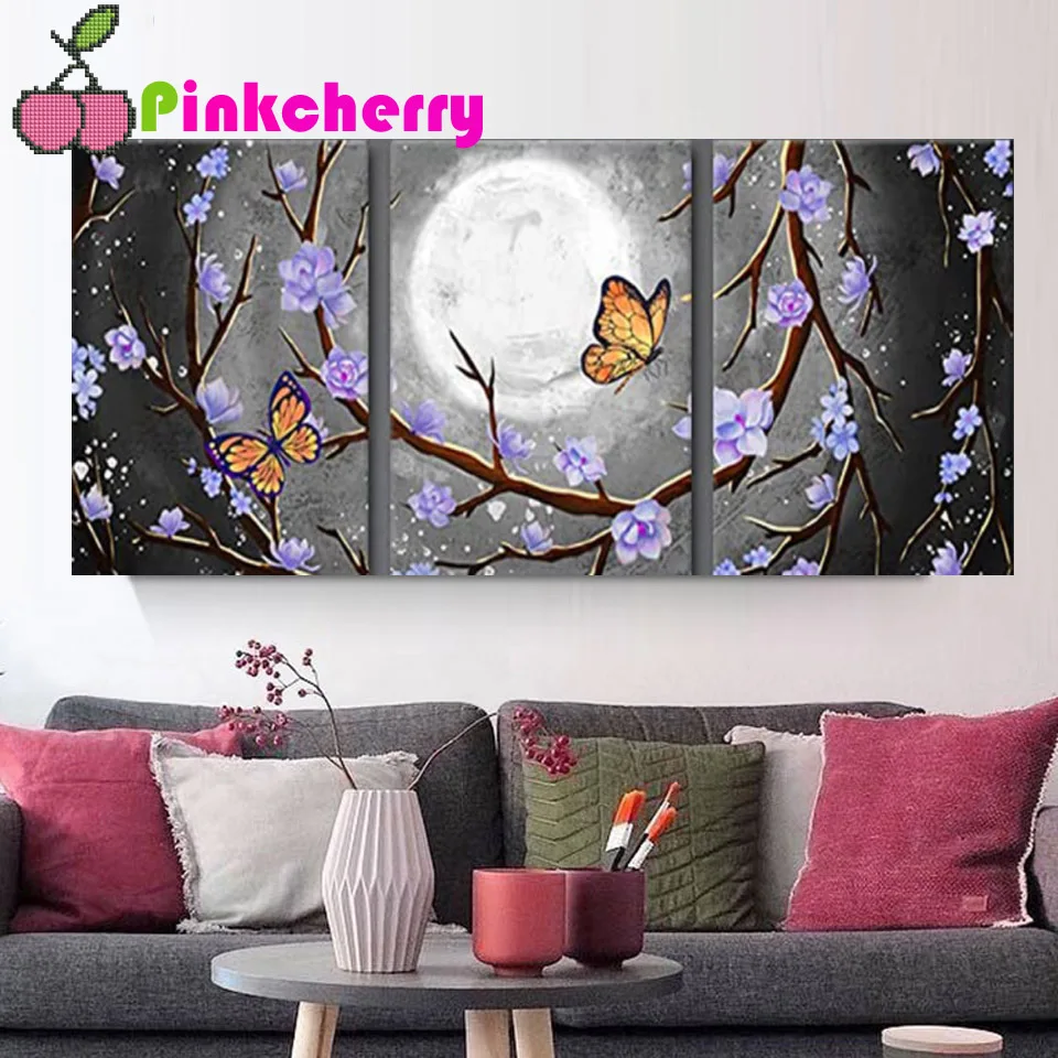 Triptych purple magnolia flower butterfly & full moon Diamond Painting Square Diamond Embroidery Rhinestone DIY Mosaic Gift k842