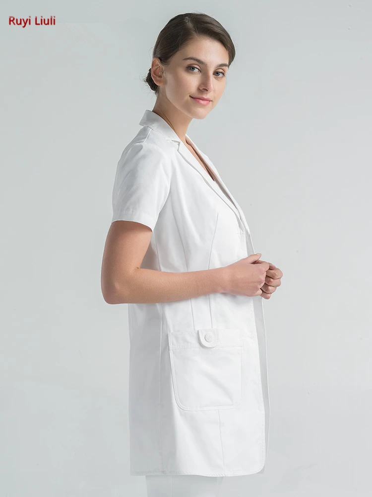 Macacão de médico, casaco branco de manga curta para homens e mulheres, roupa hospitalar de estilo curto, clínica e médico