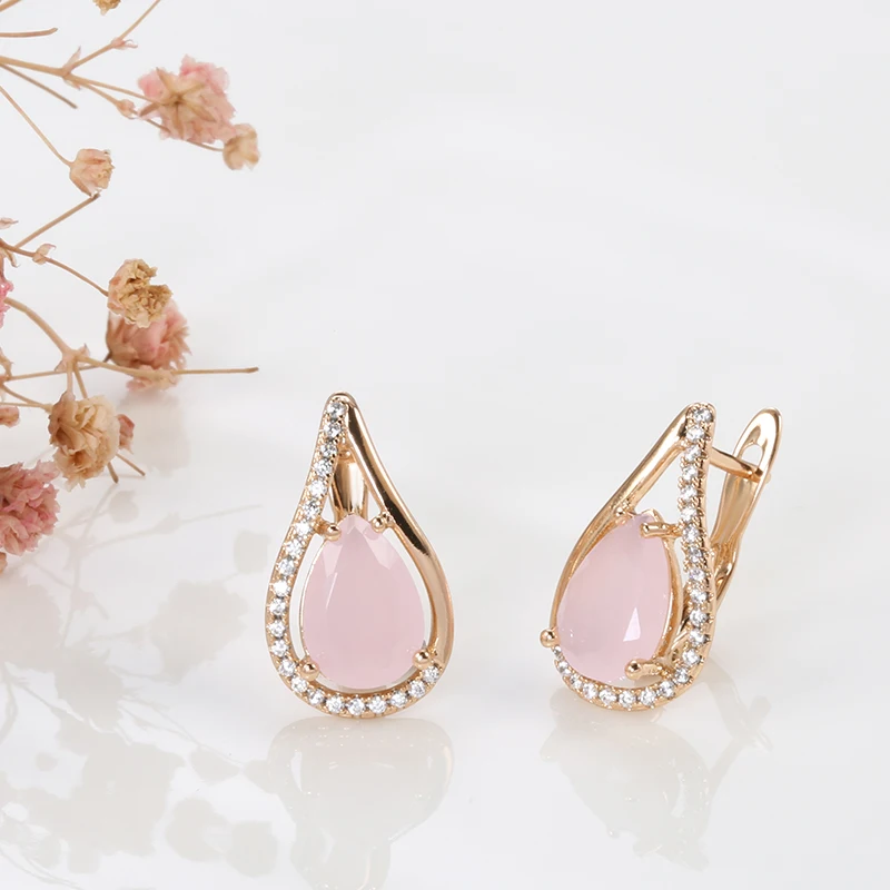SYOUJYO Pink Natural Zircon Water Drop Earrings For Women 585 Rose Gold Color Exquisite Party Jewelry Anniversary Gift