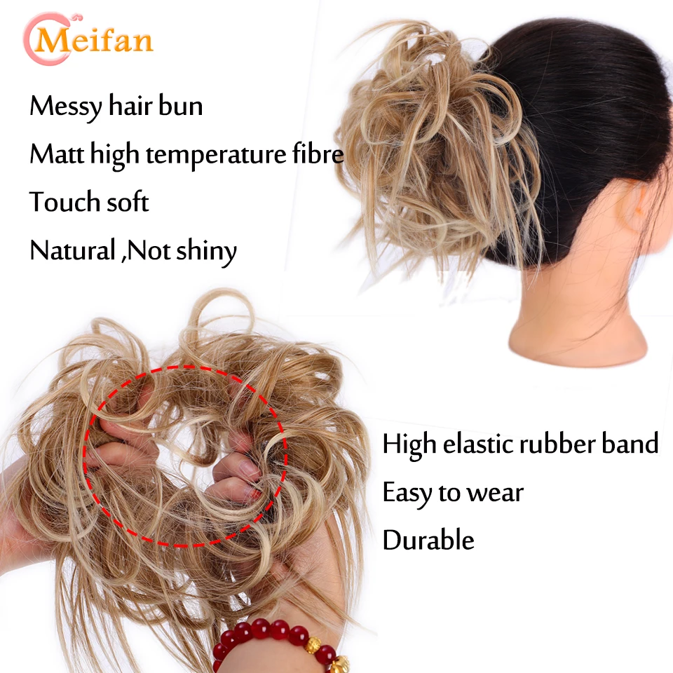 MEIFAN-moño de pelo sintético rizado para mujer, bandas elásticas resistentes al calor para el cabello, moño para el cabello para novias/fiesta,