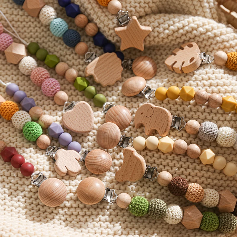 1Pc Baby Pacifier Chain Dummy Clips Holder Elephant Wooden Clip Crochet Beads Baby Teether Teething Chain Necklace Bracelet