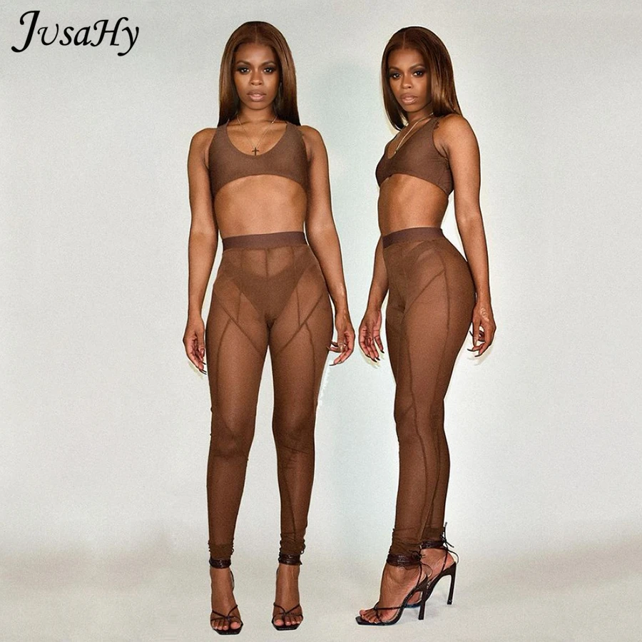 JusaHy Mesh See Through Pants Women 2021 Sexy High-Waist Patchwork Sheer Leggings Body-shaping  Skinny Trouser Casual Streetwear