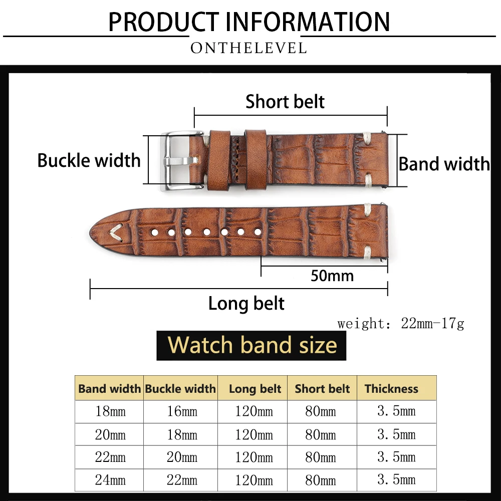 Vegetable Tanned Leather Watchband 18mm 20mm 22mm 24mm Handmade Stitching Genuine Leather Alligator Watch Strap Replacement