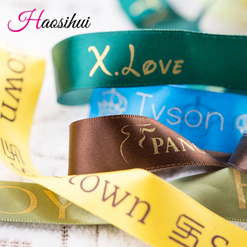 HAOSIHUI Free Design 6mm-100mm Customized Printed Logo Ribbon Gift Packaging Satin Polyester Decoration for Wedding 100yard/lot