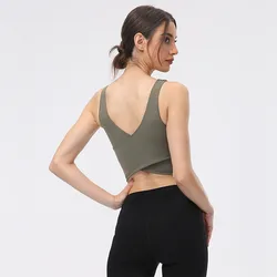 Solid Color Sports Tank Soft Yoga Vest Crop Top Moisture Wicking Tight Fitness Bra Women No Rims Removable Chest Pad Gym Clothes