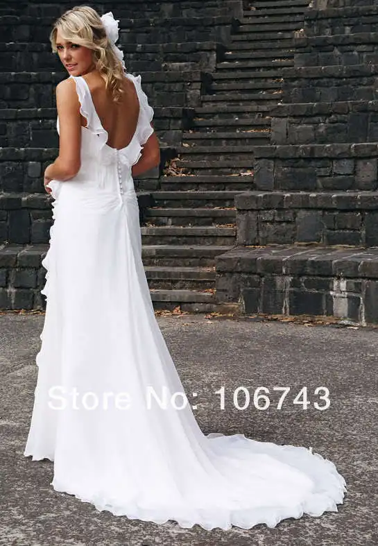 Abiti da sposa su misura in chiffon bianco da sposa senza schienale in chiffon bianco da sposa a buon mercato con volant sul fiore vestido de noiva