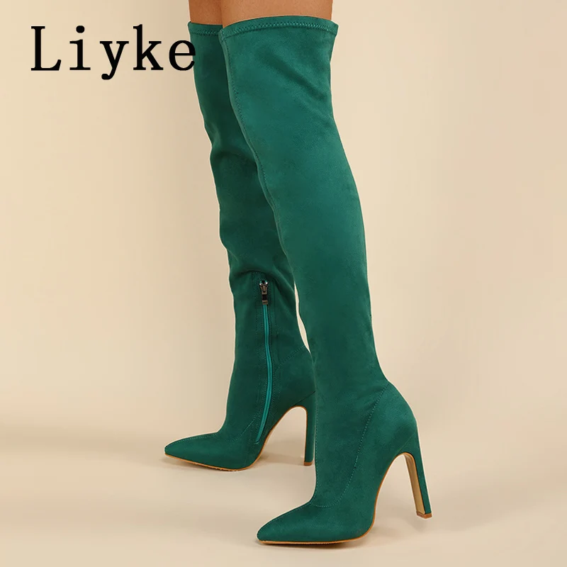 Liyke Sexy Over The Knee Thigh High Boots Femme Red Brown Stretch Flock Pointed Toe Heels Fashion Zip Long Women Shoe