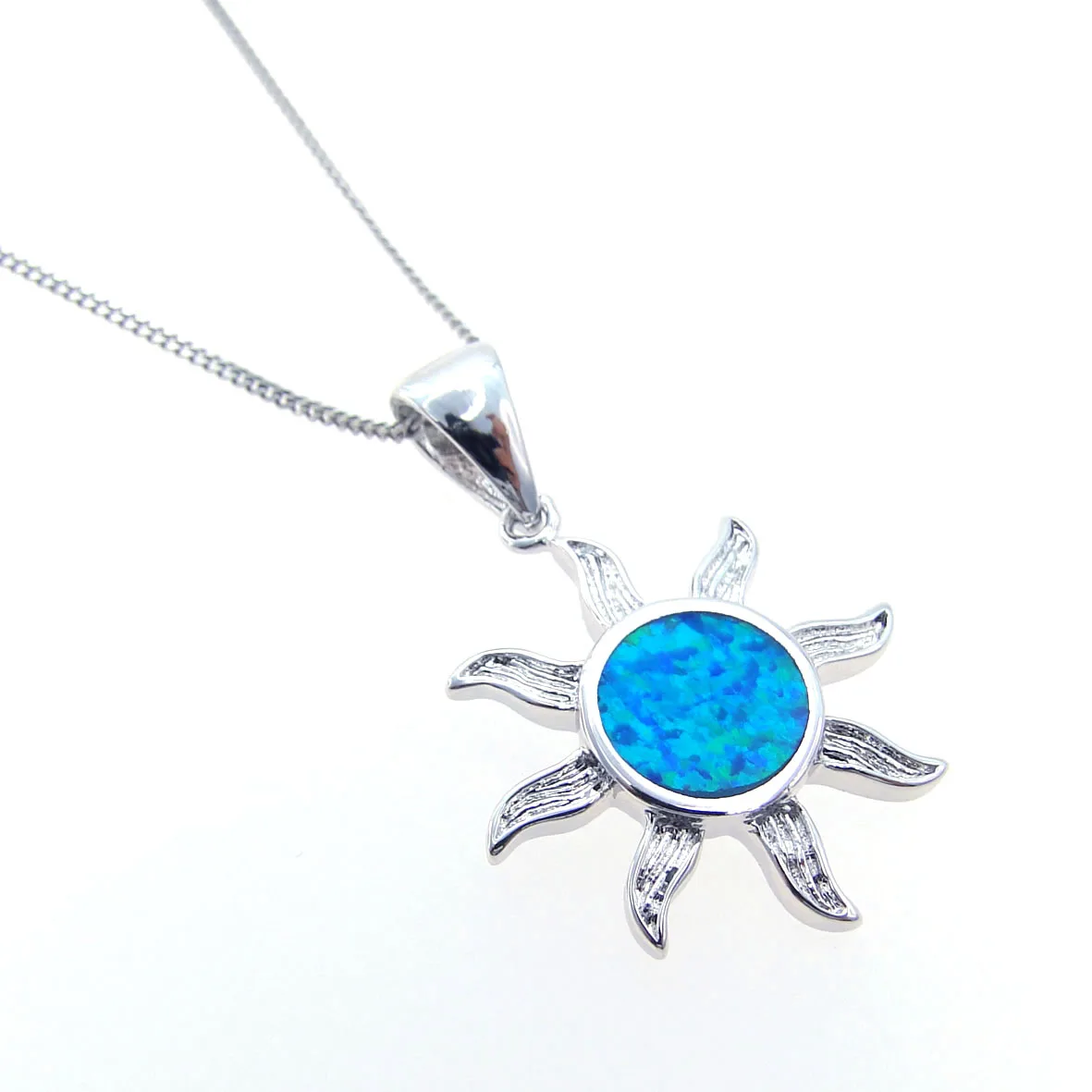 Brass Oval CZ Blue Turquoise Fire Opal Pendant Necklace