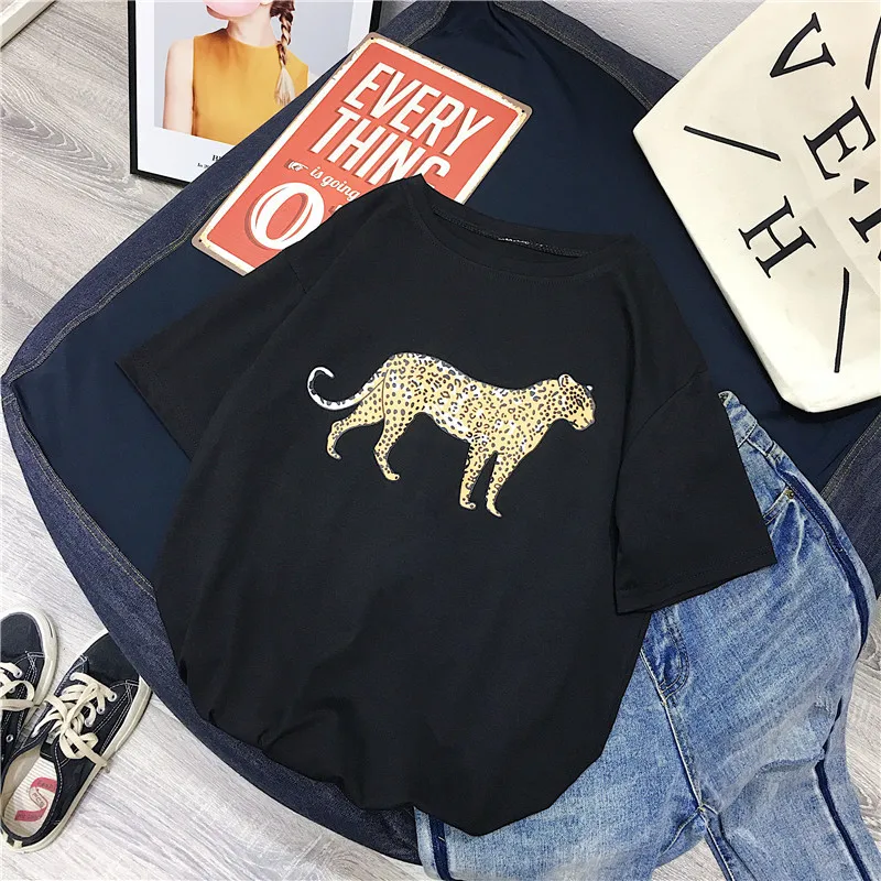 Hirsionsan Korean Summer Leopard T Shirt Women 2023 Cotton Loose O-Neck Short Sleeve Tees White Harajuku Black Punk Woman Tops