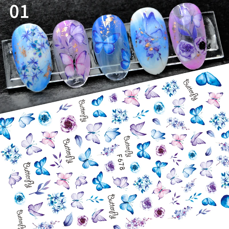 Nail Blue Butterfly Stickers Flores Folhas Auto-adesivas Decalques 3D Transferência Sliders Wraps Manicure Foils DIY Decorações Dicas