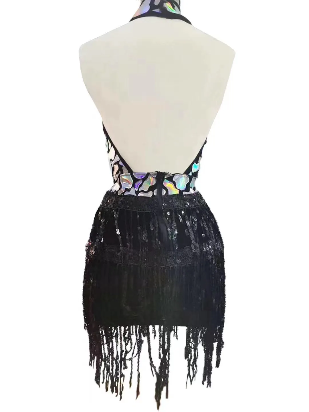 Błyszcząca cekinowa krótka sukienka z frędzlami dla kobiet Urodziny Prom Party Strój Seksowny kostium taneczny bez pleców do klubu nocnego