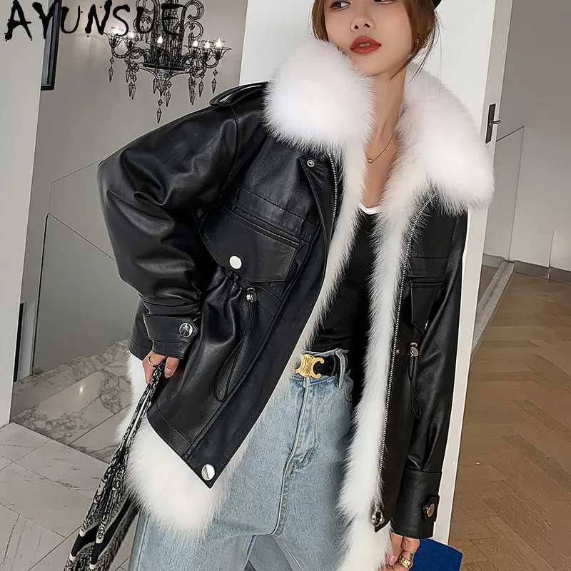 AYUNSUE Genuine Leather Jacket Women Winter Sheepskin Coat Female 90% White Duck Down Jackets Fox Fur Collar 2020 Abrigo Mujer