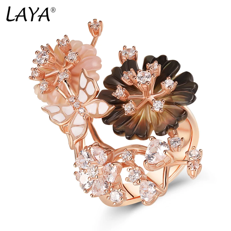 

Laya Ring For Women High Quality Zircon Natural Shell Flower Green White Enamel 925 Sterling Silver anillos Fashion Jewelry