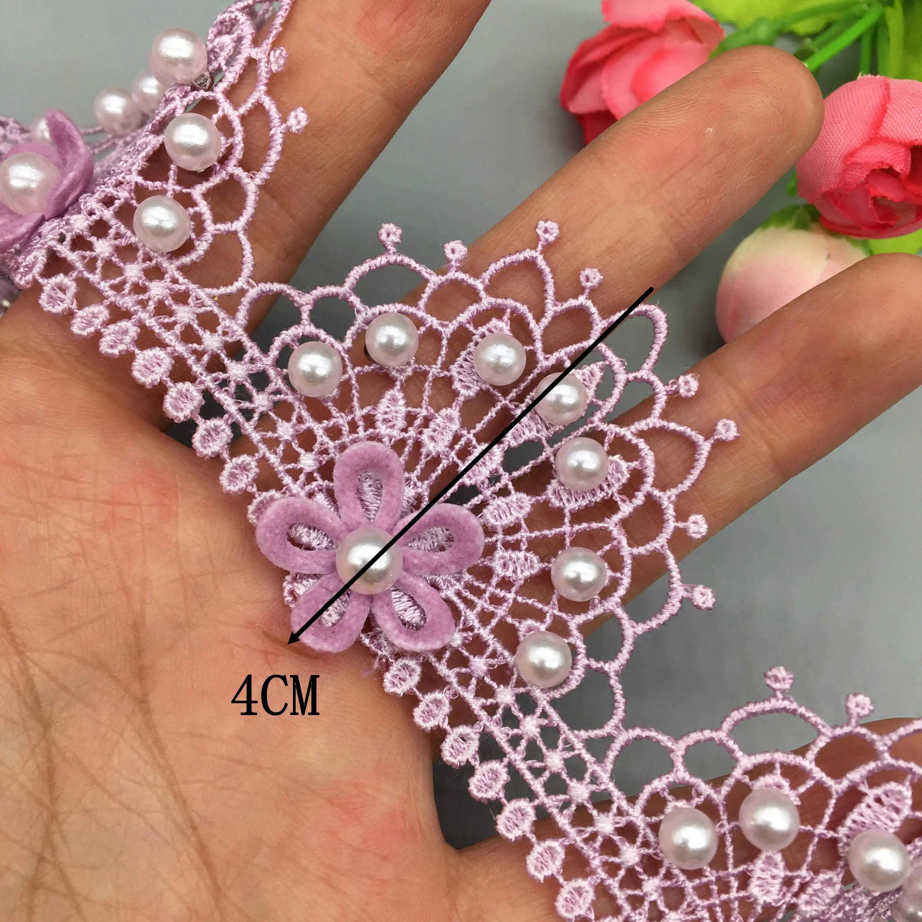 1 jarda 4cm roxo pavão pérola frisada flor bordada renda guarnição fita aplique diy vestido de casamento costura artesanato decoração