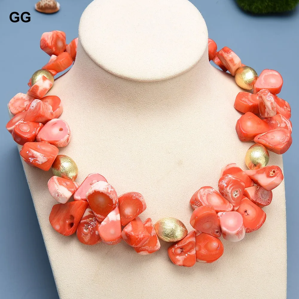 GG Natural Teardrop Orange Coral Gold Plated Beads Choker Necklace Handmade For Women