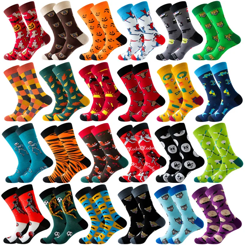 New Colorful Mens Hip Hop Cool Socks Combed Cotton Animal Astronaut Geometric Women\'s Long Socks Halloween Business Dress