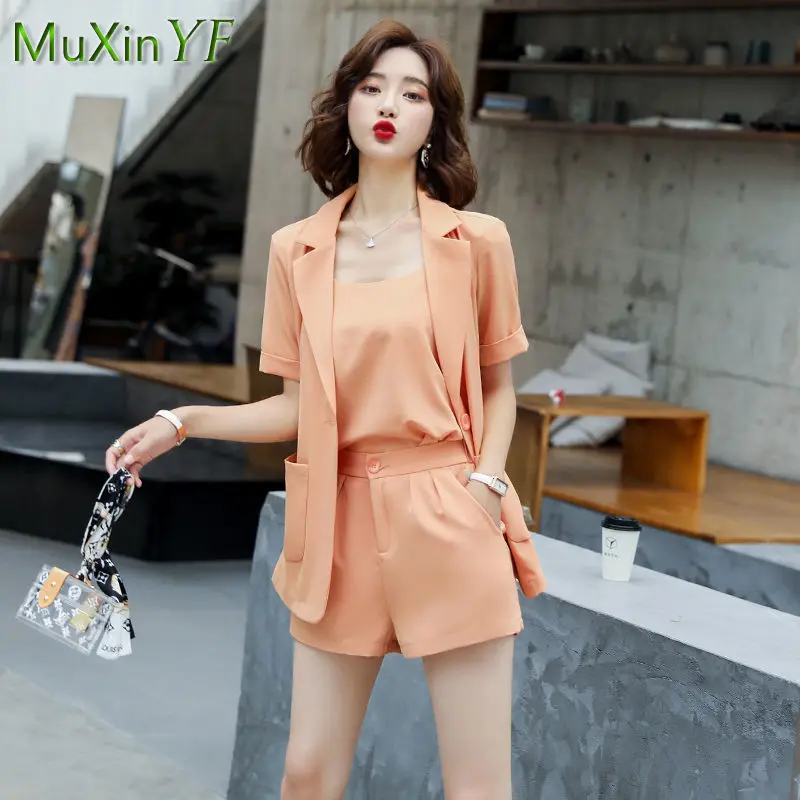 

Women's Suit Pants Suspenders Three-piece Korean Summer Elegant Short-sleeved Blazers Jacket Set Female Professional Cloting