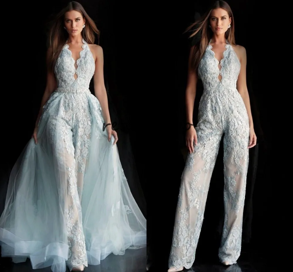 Full Lace Applique Bridal Jumpsuit With Detachable Train Halter Backless Summer Holiday Wedding Jumpsuit Dress customsized