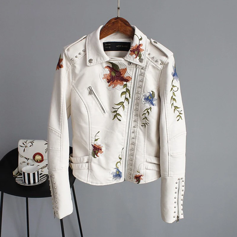 Punk Style Faux Soft Leather Jacket Women Embroidery Floral Faux Leather Jacket Pu Motorcycle Epaulet Zipper Outerwear