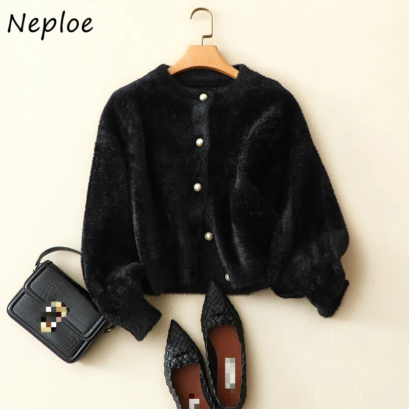 Neploe Fashion Chic Pearl Button Jacket Women 2024 Autumn New Ladies Sweater Round Neck Long Sleeve Single Breasted Cardigan