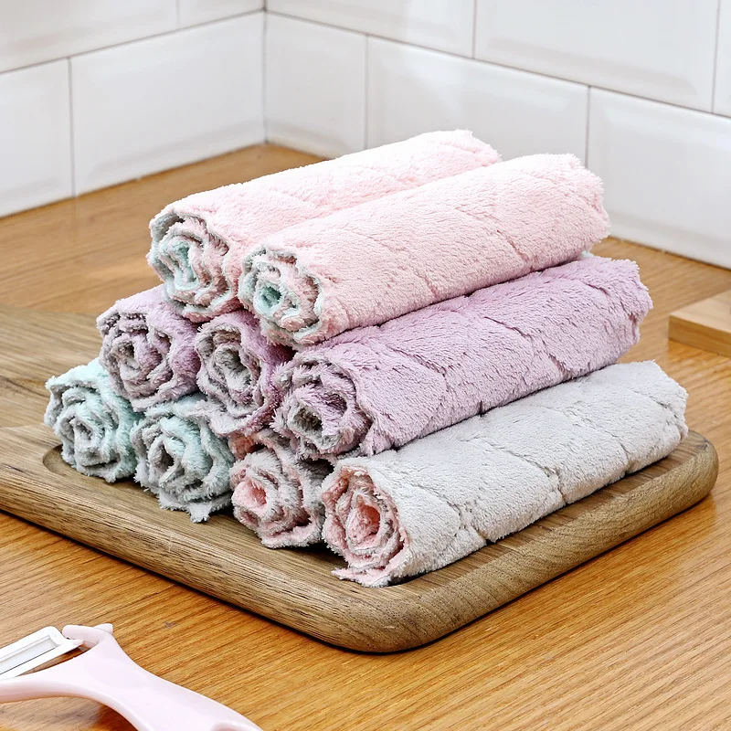 

25*25cm Microfiber Coral velvet dishcloth oil free water absorbent kitchen wholesale Cleaning cloth double layer dishcloth