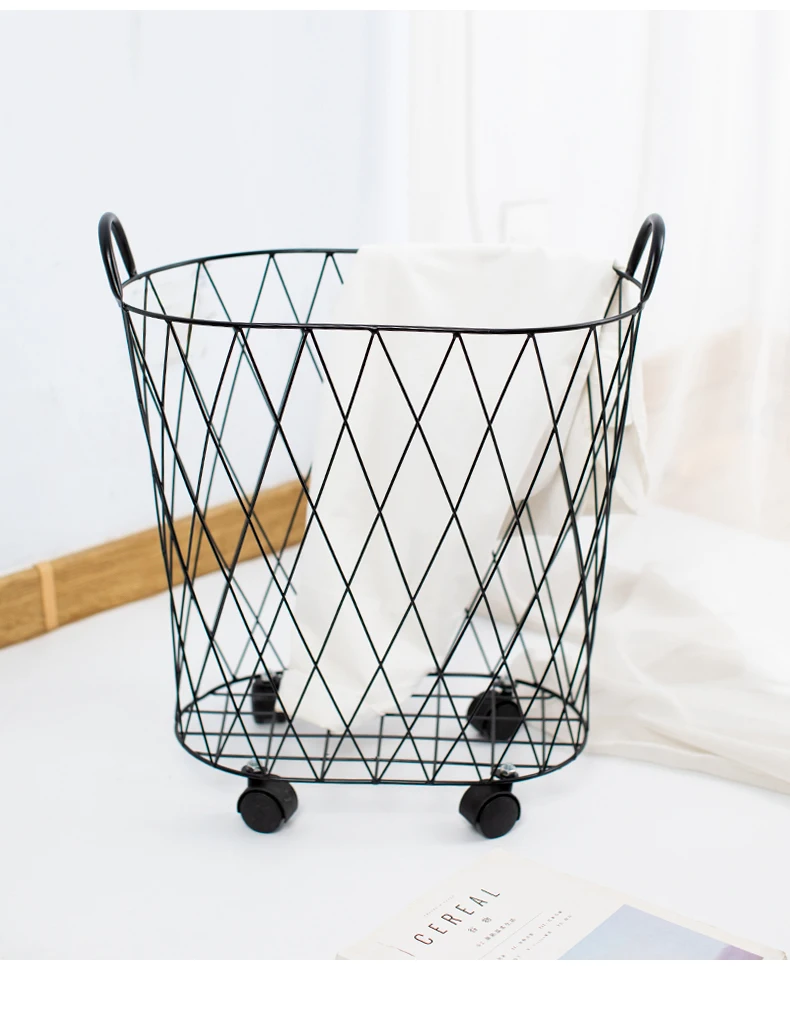High Quality Golden Metal Gold Hollow Stylish Dirty Clothes Storage Handle Laundry Basket Home Creative Organizer with Wheel