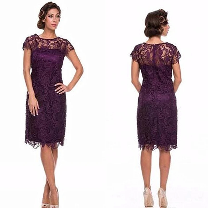 Purple Mother Of The Bride Dresses Sheath Cap Sleeves Knee Length Lace Plus Size Short Groom Mother Dresses For Wedding