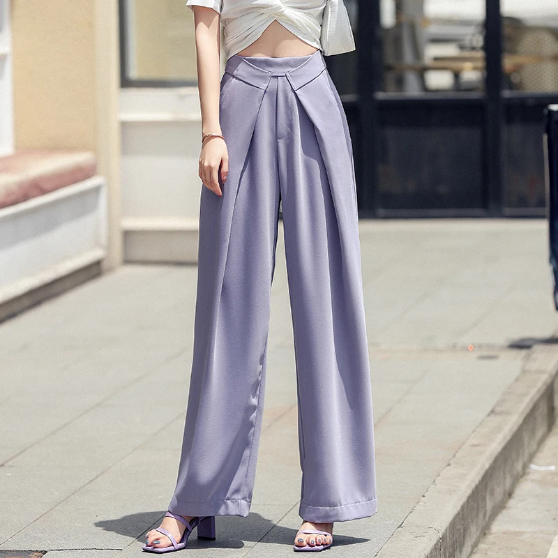 

2021 New Women Summer Purple Long Wide Leg Pants High Waist Folds Thin Loose Casual Straight Trousers