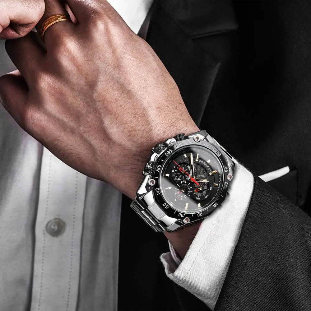 Forsining Sport Style Men\'s Mechanical Watches Black Automatic 3 Sub Dial Date Stainless Steel Belts Outdoor Military Wristwatch