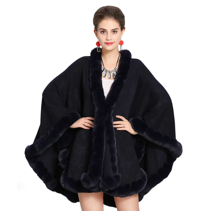 Fashion Handcraft Full Trim Faux Rex Rabbit Fur Cape Coat Loose Knit Cashmere Cloak Shawl Women Fall Winter New Pallium Outwear