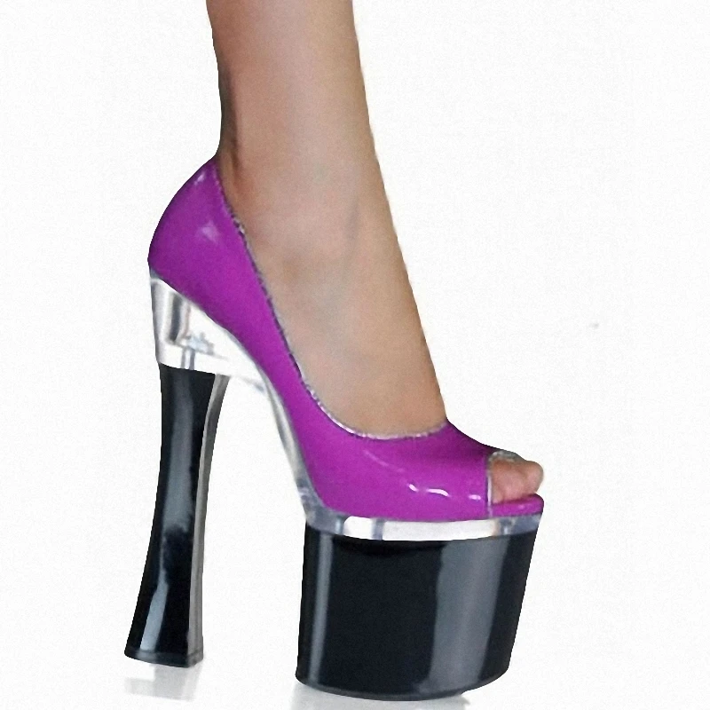 8 Inch high heels platform patent leather peep toe Black Nightclub women\'s shoes 17cm chunky heels Purple Cross dressing pumps