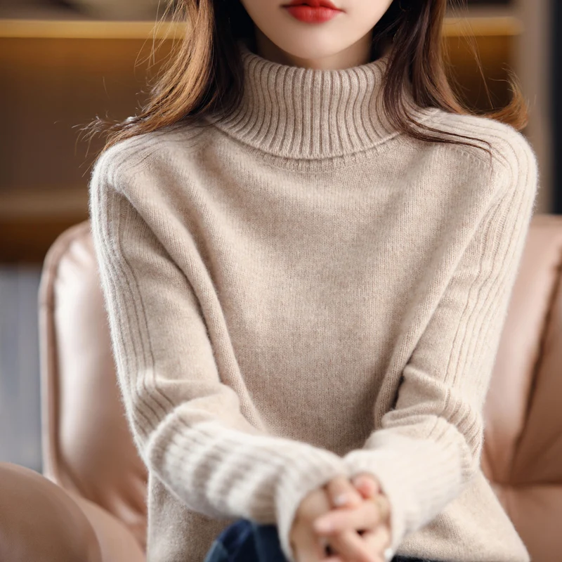 Autumn Winter New 100%Pure Wool Sweater Women High Lapel Knit Base Shirt Cashmere Loose Thick Long-Sleeve Blouse Warm Pullover