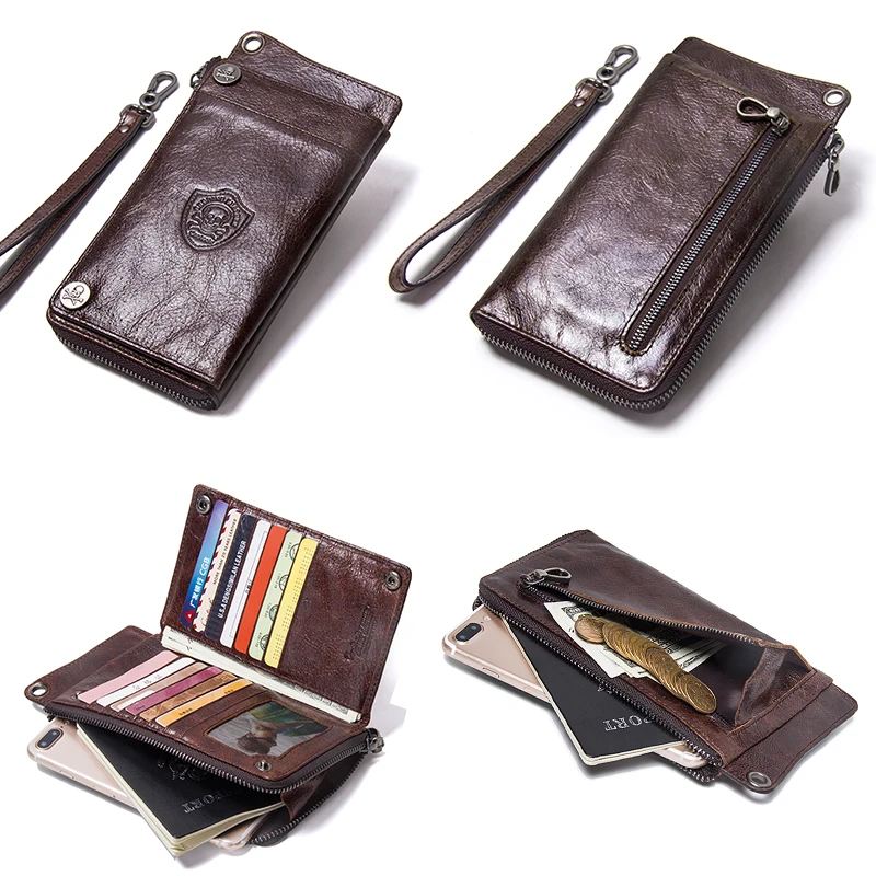 CONTACT\'S Genuine Leather Men Wallets Casual Long Purse Male with Phone Pouch Multi-function Card Holder Wallet Passport Cover