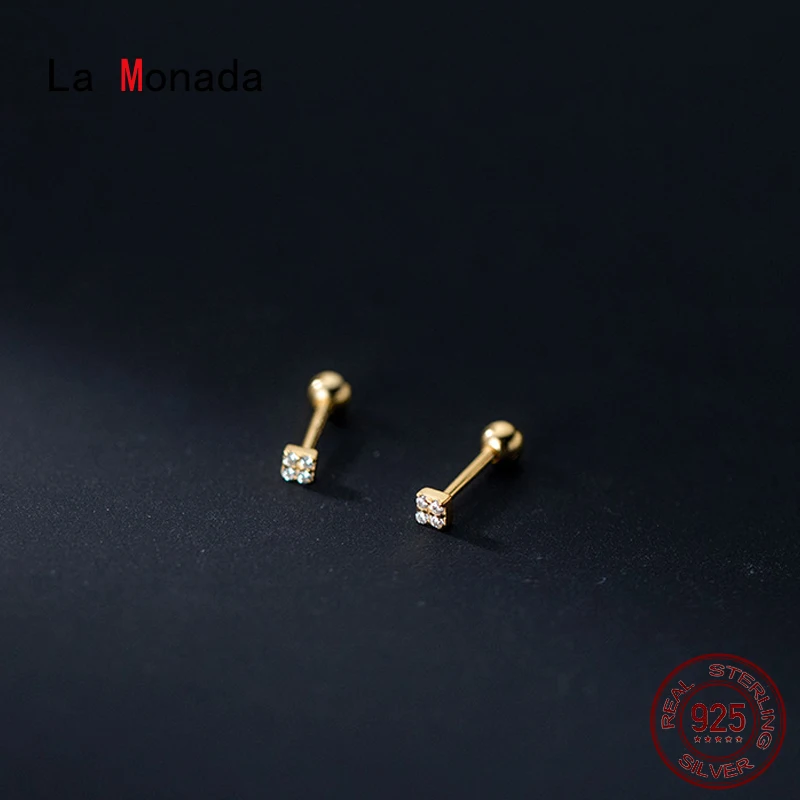 La Monada Geometry Square Stud Earrings 925 Sterling Silver 925 Małe srebrne kolczyki dla kobiet Silver Pierced Girls Screw Nut