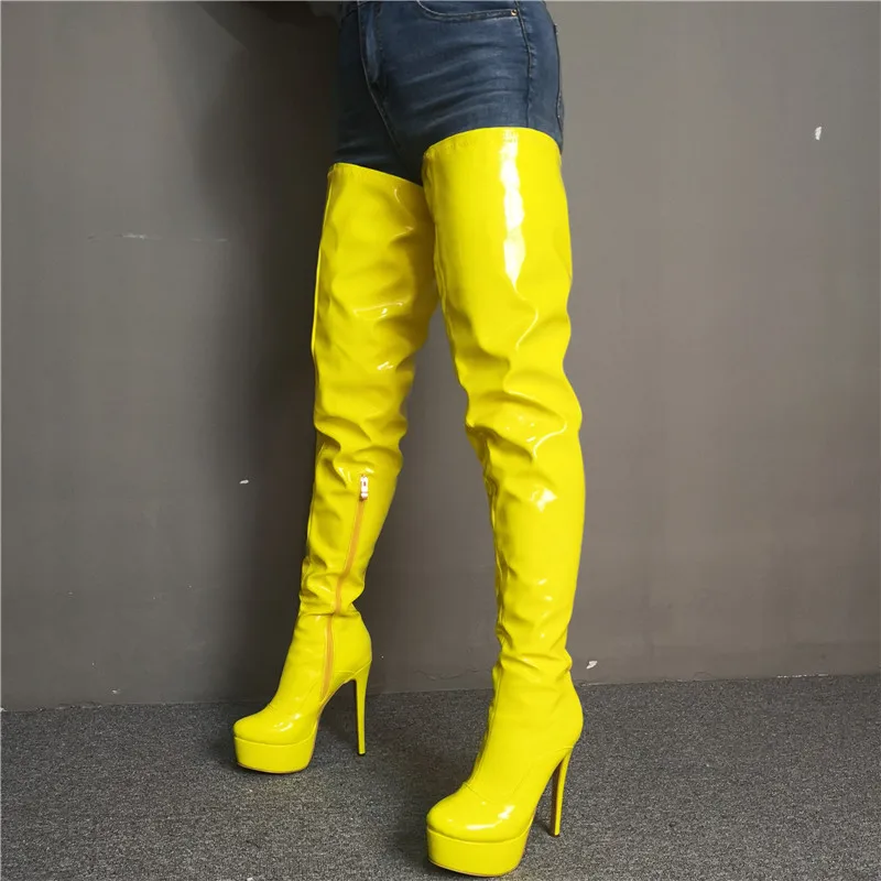 

Thigh High Platform Boots Women Extreme High Heel Sexy Fetish Stiletto Yellow Leather Over The Knee Party Boots Botas Mujer