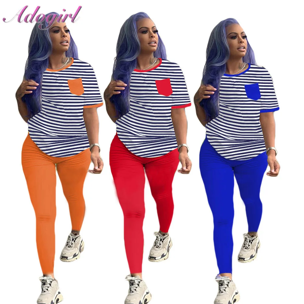 Women Tracksuit Casual Stripe Short Sleeve Crop Tops T-Shirt Sweatpants Suit Joggers Two Piece Sets Outfit Fitness Matching Set