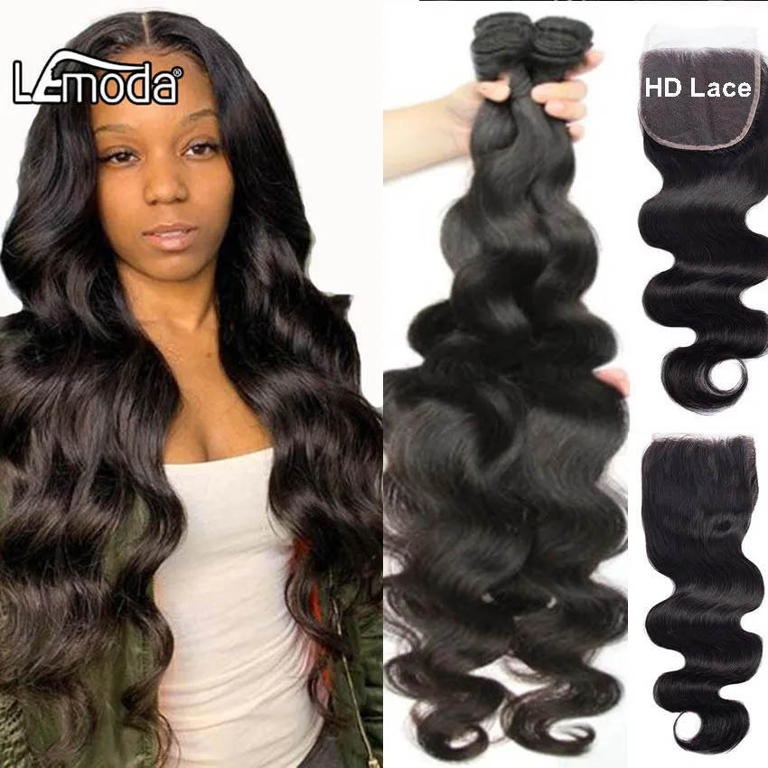 Body Wave Bundles With Closure 5x5 HD Transparent Lace Frontal Closure With Bundles Brazilian Lemoda Remy Hair Weave Extension