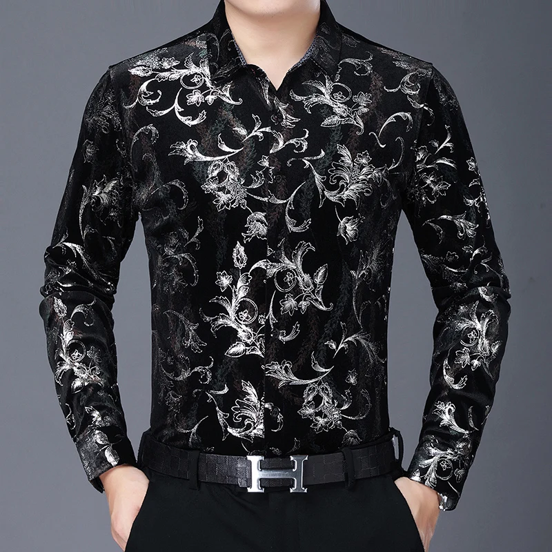 Mens Floral Dresses Autumn Long Sleeve Velour Clothing Male Flowers Gold Velvet Shirts