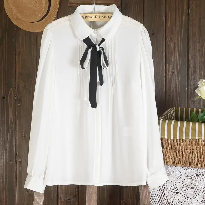 2021 New Fashion Womens European Style Long Sleeve with Black Ribbon Lady Blouse Shirt Casual Shirt Chiffon Blouse