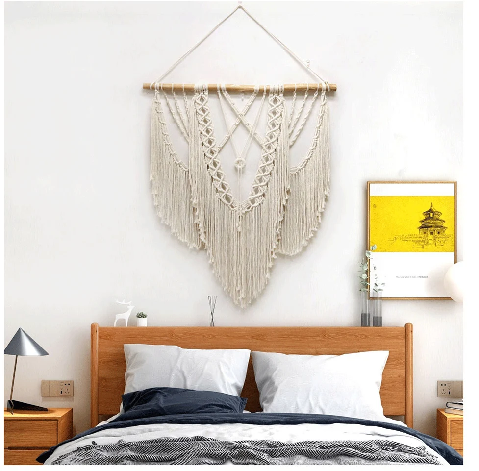 

Hand-Woven Macrame Boho Tapestry Wall Hanging Geometry Tassel Art Bedside Bohemia Ornaments for Living Room Decoration