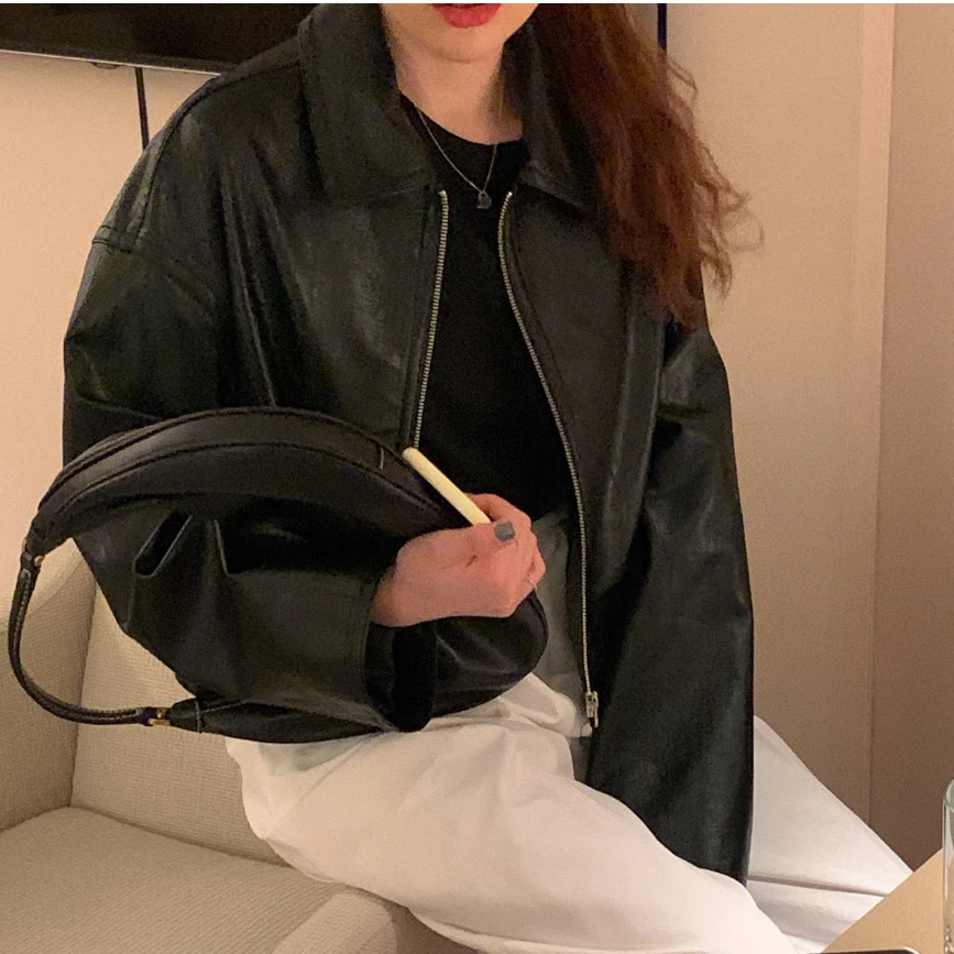 Korean Leather Jacket Women Fashion Y2K Chic Moto Biker Zipper Jacket Streetwear Cropped Loose Jackets for Women 2021 Autumn New