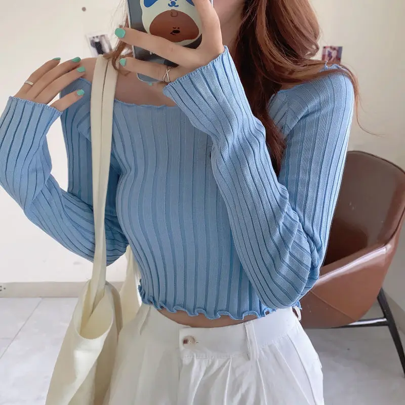 off-Shoulder Short Bare Midriff Slim Fit Knitted Women\'s Striped Top Woman Sweaters Femme Chandails Pull Hiver