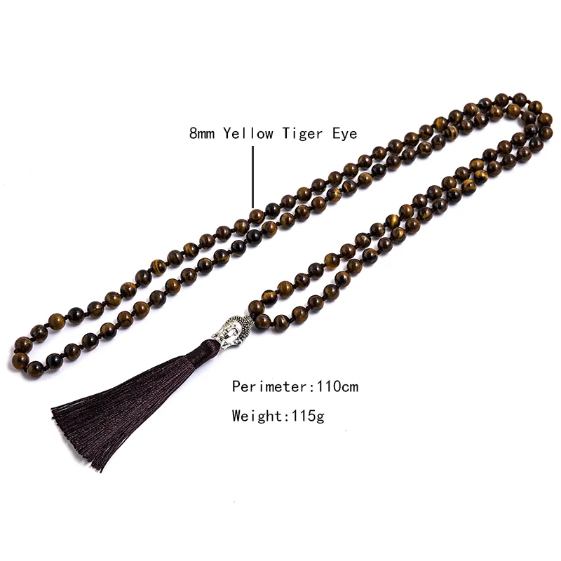 8mm Natural Yellow Tiger Eyes Beaded and Knotted Japamala Necklace 108 Mala Meditation Yoga Tibetan Buddha Head Pendent Jewelry