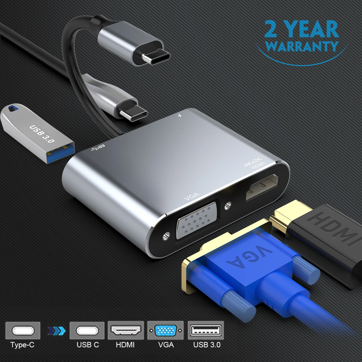 Usb 3.0 porta de carregamento pd 4k hdmi vga adaptador tipo c usb-c hub