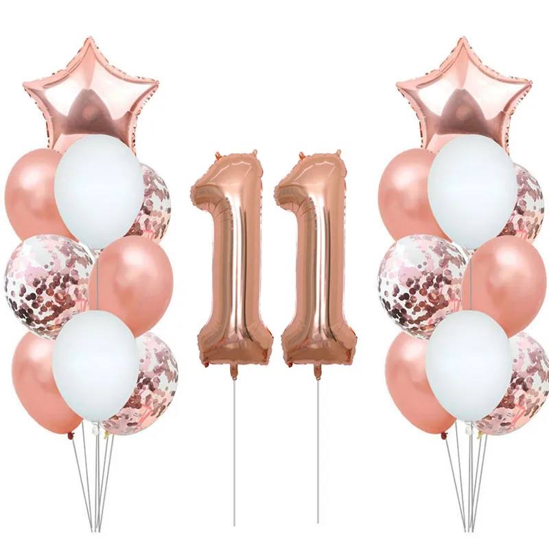 Rose Gold 11 Birthday Balloons Number Foil Confetti Helium Globos Boy Girl Party Decorations 11th Years Old Anniversary Supplies