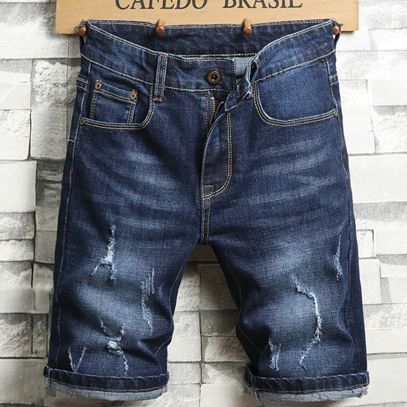 EL BARCO Summer Cotton Casual Men Shorts Pants Soft Scratches Black Blue Male Denim Jeans Ripped Holes Slim Knee-Length Trousers