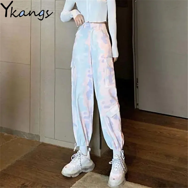 Drawstring Rainbow Tie Dye Harem Pants Casual Harajuku Streetwear Joggers Female Korean Style Pockets Elastic High Waist Trouser