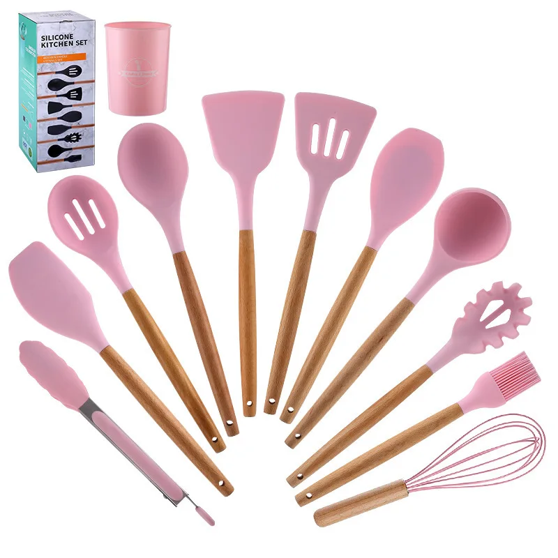 Pink Silicone Kitchen Tools Cooking Sets Soup Spoon Spatula Non-stick Shovel with Wooden Handle Special Heat-resistant Design